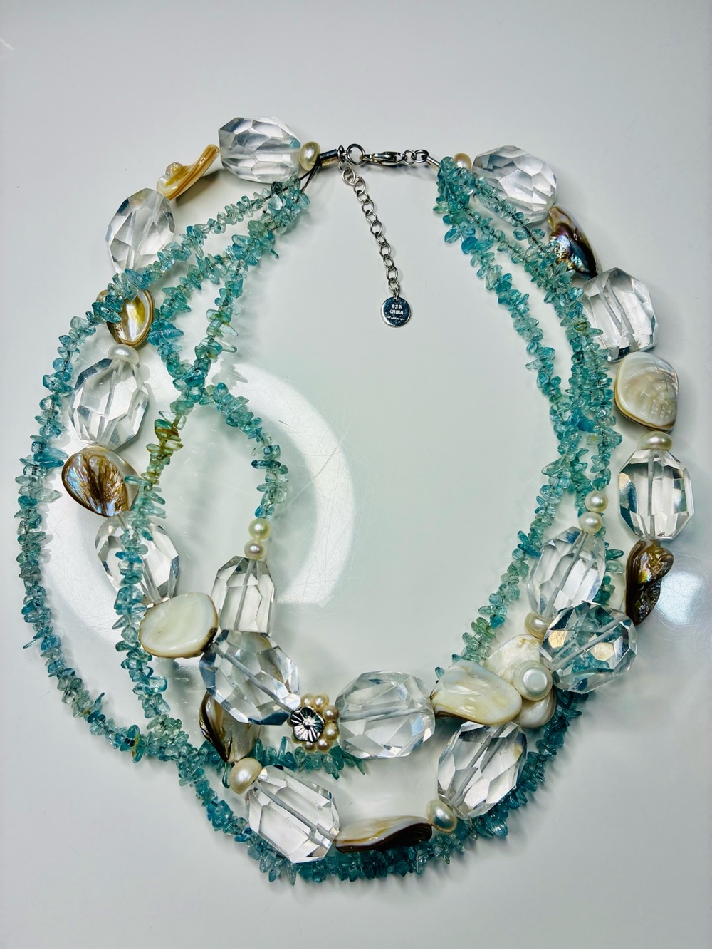 925 A. Jaron Auqa Marine Chunky Mother of Pearl Crystal Rock Statement Necklace